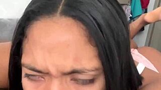 Sexy brunette in amateur couple gives delicious blowjob, licking balls, deepthroating, and sucking big cock