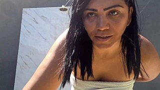 She bathes naked in backyard after creampie for neighbors