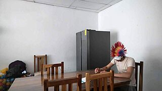 a housemaid touches her body very sensually and flirts with a dildo while feeding a blind man in the house!