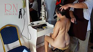 Nude Barbershop Hairdresser Makes Lady Undress For Hair Cut