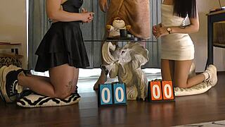 Two Hot Beautiful Horny Girls Make Big Cock Guy Cum With Dice Challenge Double Handjob Game