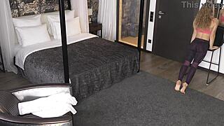 The sporty babe, skinny with small tits and narrow ass, has a homemade fuck with a huge cock