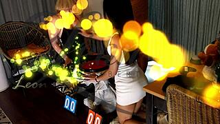 Two Hot Beautiful Horny Girls Make Big Cock Guy Cum With Dice Challenge Double Handjob Game