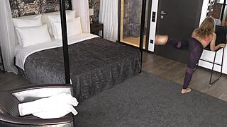 The sporty babe, skinny with small tits and narrow ass, has a homemade fuck with a huge cock