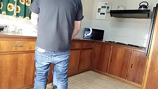 Homemade Quickie Kitchen Fuck Wife Bent Over Shaved Pussy Doggystyle