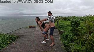 Menage in public while eating friend's pussy and nicoly takes cum 😈