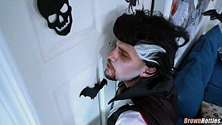 black teen hottie surprises at halloween gloryhole with eager pussy play