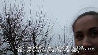 euro brunette bares tits and pussy flashing publicly for cash sex pickup