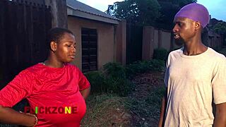 Chubby ebony neighbor oils her huge tits for sneaky backyard sex romp