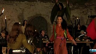 busty redhead maidens at medieval fair bend over to suck monster cocks outdoors