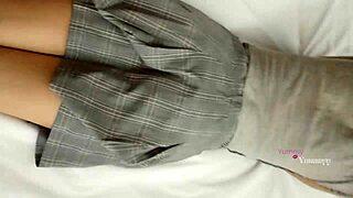 stepsister lifts her uniform miniskirt on bed while doing homework begs for cowgirl pounding to finish