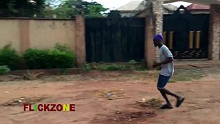 Chubby ebony neighbor oils her huge tits for sneaky backyard sex romp