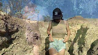 Traveling through nature for public pissing clips up close in homemade POV compilation