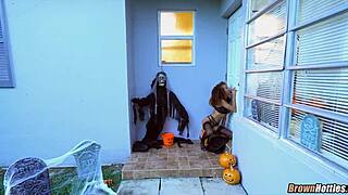 black teen hottie surprises at halloween gloryhole with eager pussy play