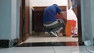 hotwife in short skirt no panties welcomes plumber neighbor bareback