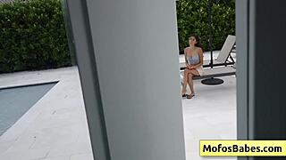 petite brunette sona bella chats with jmac near outdoor pool