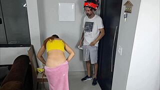 young brunette babe blows ifood delivery guy then fucks