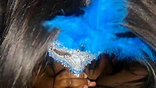Masked ebony throat fucked deep till facial cumshot swallow load.