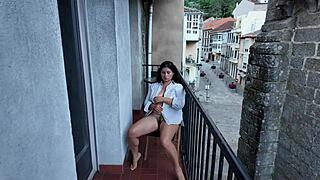 stepsis rubs pussy on risky public balcony 😈🔥