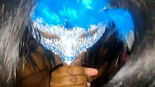 Masked ebony throat fucked deep till facial cumshot swallow load.