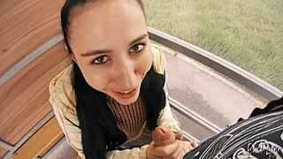 little brunette neighbor sneaks risky public bus blowjob with deepthroat swallow