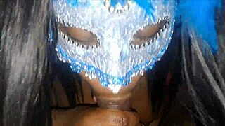 Masked ebony throat fucked deep till facial cumshot swallow load.