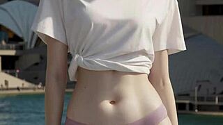 hey, wanna see this cute australian model in lingerie barefoot at sydney opera house?