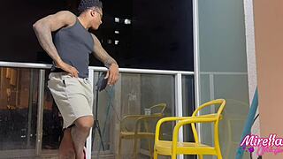 brazilian crossdresser anal masturbation on the porch chair ends with creampie