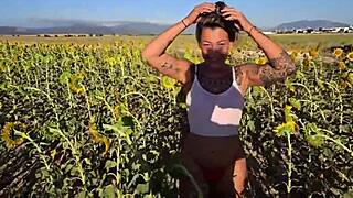 brazilian damiana flashes curvy ass in sunflower field then fucks outdoor voyeur style