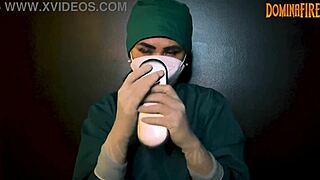 She slips on latex gloves to tease his fetish desires slowly