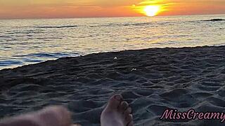 flashing my cock at stepdaughter on public beach sunset, she jerks me to cumshot!! risky real