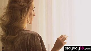 Skinny Ukrainian Blonde Cara Mell Strips White Lingerie