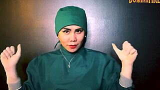 She slips on latex gloves to tease his fetish desires slowly