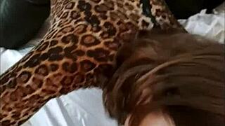 french amateur in red satin leopard bodysuit black leather pants heels rims deepthroats doggystyle pov