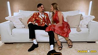 bald blonde in tights sucks lollipop then worships couple's shaved asshole deep