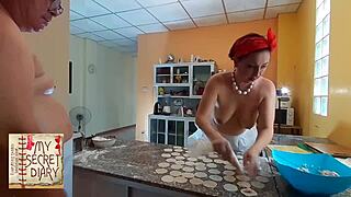 NAKED HOUSEKEEPER BAKES NUDE IN KITCHEN BIG NATURAL TITS BAREFOOT