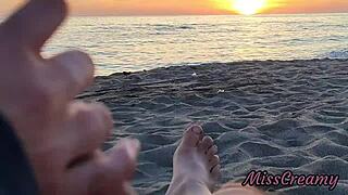 flashing my cock at stepdaughter on public beach sunset, she jerks me to cumshot!! risky real