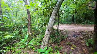 Thai girl strolls forest path, pauses for rough outdoor fuck with boyfriend before mushroom hunt in 4k