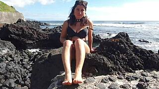 Stepmom's Foot Fetish Seduction on Public Beach with Big Ass and Natural Tits Flashing!