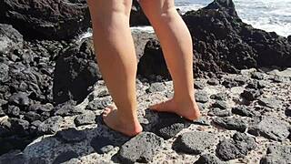 Stepmom's Foot Fetish Seduction on Public Beach with Big Ass and Natural Tits Flashing!