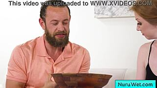 Blonde Masseuse Slips Natural Tits Over Client in Wet Nuru Massage