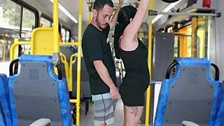 dirty old man gropes and cums on busty bus brunette!