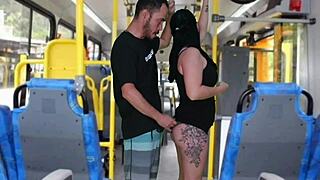 dirty old man gropes and cums on busty bus brunette!