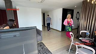 Stylish horny ladyboy legacy mess in red with big cock fucks client candy backstage hard