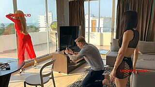 Stylish horny ladyboy legacy mess in red with big cock fucks client candy backstage hard