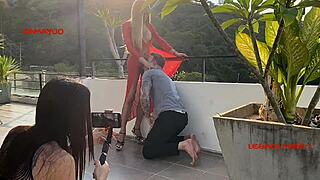 Stylish horny ladyboy legacy mess in red with big cock fucks client candy backstage hard