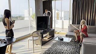 Stylish horny ladyboy legacy mess in red with big cock fucks client candy backstage hard