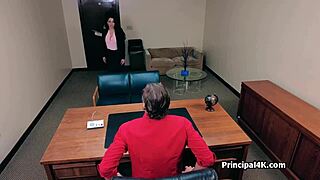 secretary sneaks blowjob to vice principal under office desk on hidden cam with another latina joining for group fun