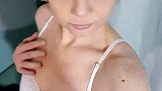 french mature in sexy white lingerie shows fat ass and blue eyes up close