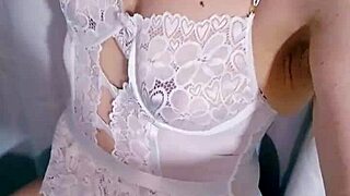 french mature in sexy white lingerie shows fat ass and blue eyes up close